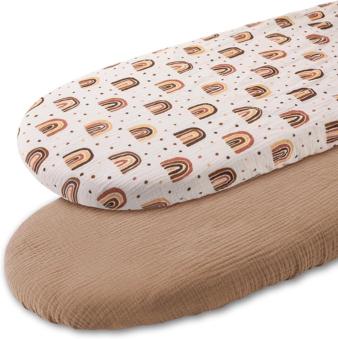 Muslin Bassinet Sheets 2 Pack for Baby Boy and Girl, Breathable Elastic Cozy Fitted Cotton Bassinet Mattress Sheet, Universal Fit for Hourglass Oval and Rectangle Bassinet Mattress (Cute Rainbow)