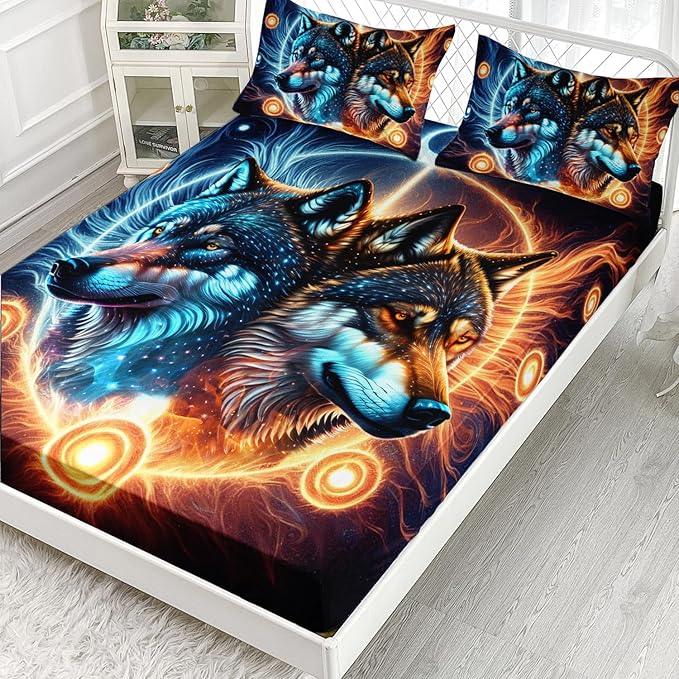 AILONEN Boys Wolf Fitted Sheet Set Queen Wolf Bed Sheet Set, Wildlife Animal Theme Fitted Sheet with 2 Pillowcases,3 Pieces Ice and Fire Light Wolves Print Fitted Sheet Set