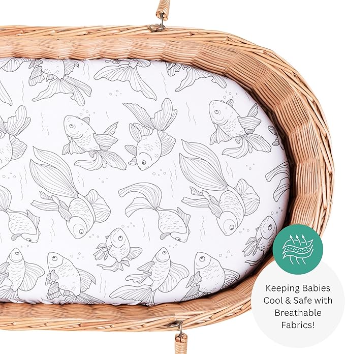 TansyPanda Bassinet Sheets for Baby Delight Snuggle Nest, Chicco LullaGo, Snoo Smart, Fisher Price, 4PC, 30 x 18 Inch, Ultra Soft, Breathable, Snug Fit, Unisex Boys Girls, Gray White (Ocean Fish)