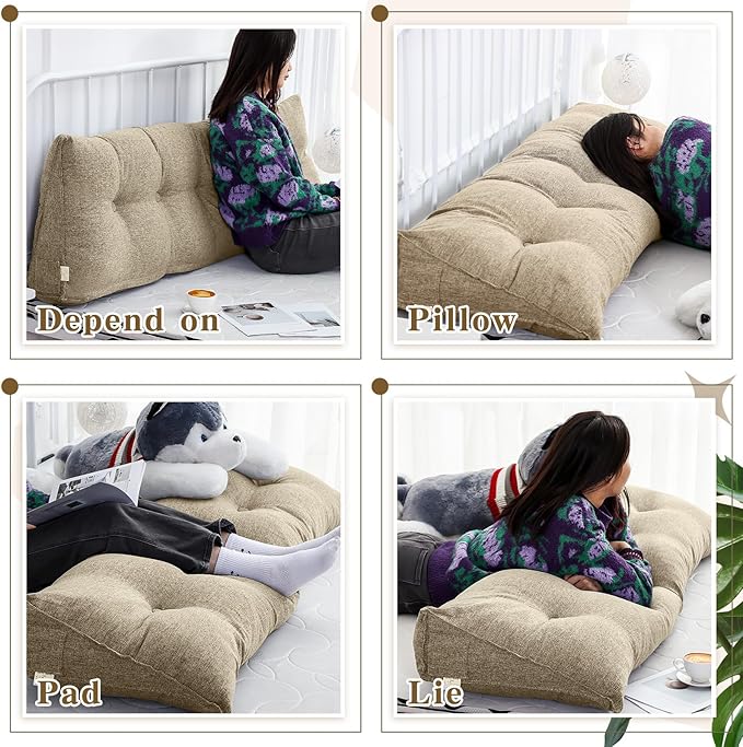 Wenqik Wedge Pillow Triangular Dorm Headboard Bed Rest Reading Backrest Back Support Long Bolster Pillow with Removable Cover for Dorm Room Supplies(Khaki Gray,Queen (59 x 20 x 8 Inch))