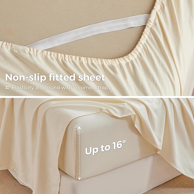 King Sheets Cream, Ultral Soft Cationic Linen Look Sheets, Luxury Cooling Cozy Bed Sheet Set with Non-Slip Fitted Sheet
