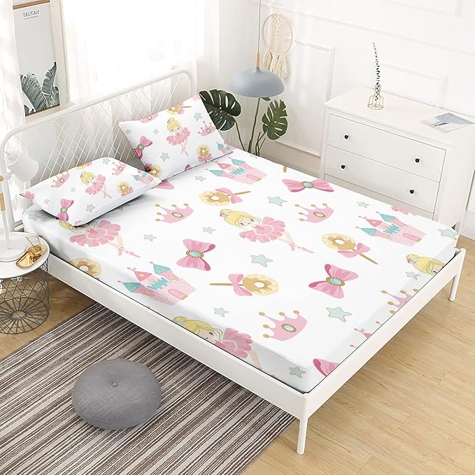 Dancing Princess Fitted Sheet Set Full for Kids Girls Teens Castle Crown Pattern Bed Sheet 2 Piece 3D Print Pink Dreaming Style Sheet Set