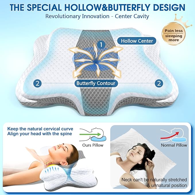 5X Pain Relief Cervical Pillow for Neck and Shoulder Support,Ear Piercing Pillow Design Cervical Memory Foam Pillows, Orthopedic Ergonomic Neck Pillow,Contour Bed Pillow for Side,Back,Stomach Sleeper…