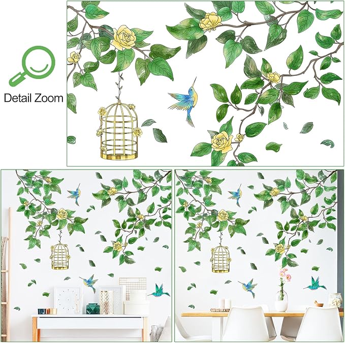 Amaonm Removable PVC Two Tree Branches With Green Leaves wall Sticker DIY Peel and Stick Flower and Birds Wall Decals Decor for Kids Girls Boys Bedroom Living Room Nursery Classroom Playroom Wall Background Decoration