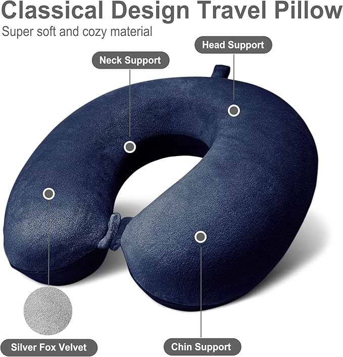 Neck Pillow for Airplane Travel, 100% Pure Memory Foam Travel Neck Pillow for Sleeping & Travel Essentials for Neck Rest, Dark Blue, Pack with Box