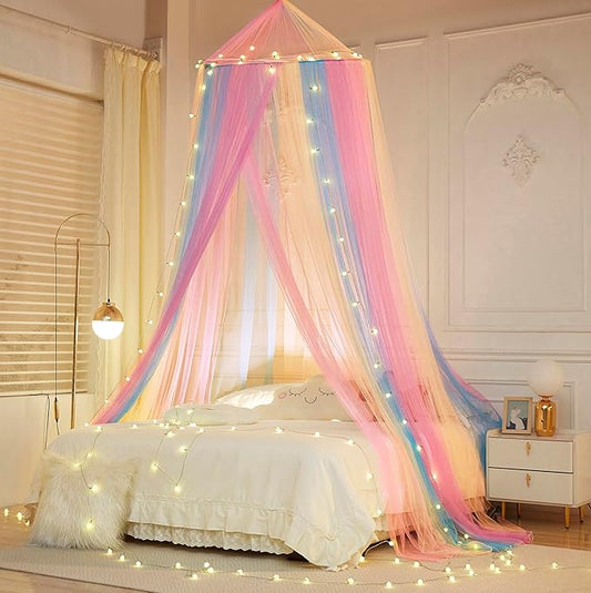Mengersi Bed Canopy with Lights,Princess Bed Canopy Canopy Bed Curtains for Girls Room,Mosquito Netting Canopy Reading Corners Room Decor for Girls (Rainbow)
