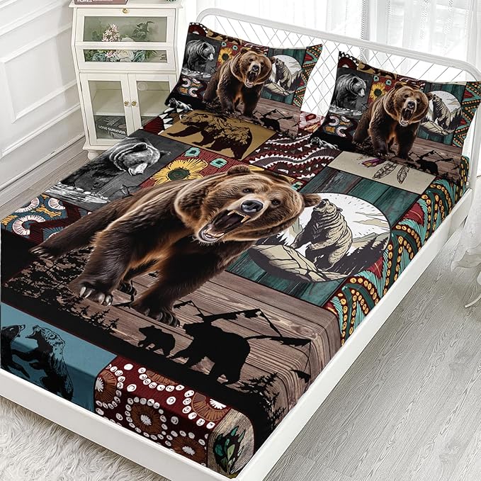 AILONEN Roaring Bear Fitted Sheet Set Twin Size, Rustic Cabin Bed Sheet Set,Wildlife Bedding Grey Bear Plaid Sheet Set,3 Pieces Teen Men Boys Bed Sheet Set,1 Fitted Sheet with 2 Pillowcases