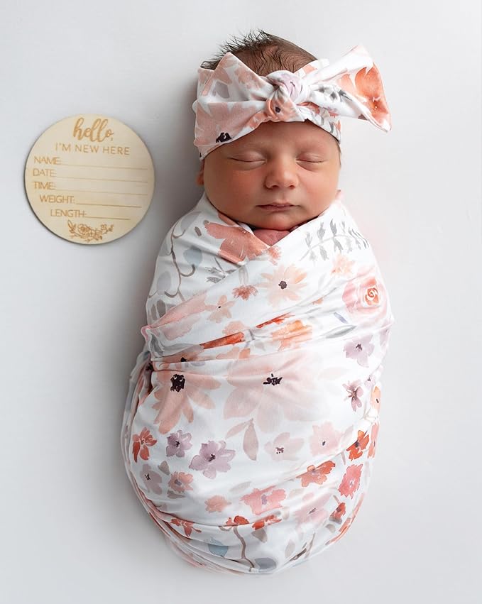 Newborn Baby Girl Receiving Blanket Swaddle Blanket Stretchy Knit Swaddle Set with Matching Headband Beanie with a Name Card (Pink and Orange Floral)