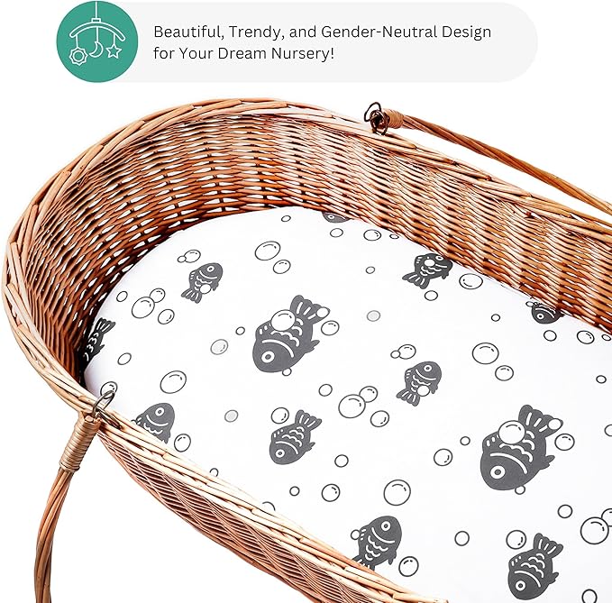 TansyPanda Bassinet Sheets for Baby Delight Snuggle Nest, Chicco LullaGo, Snoo Smart, Fisher Price, 4PC, 30 x 18 Inch, Ultra Soft, Breathable, Snug Fit, Unisex Boys Girls, Gray White (Ocean Fish)