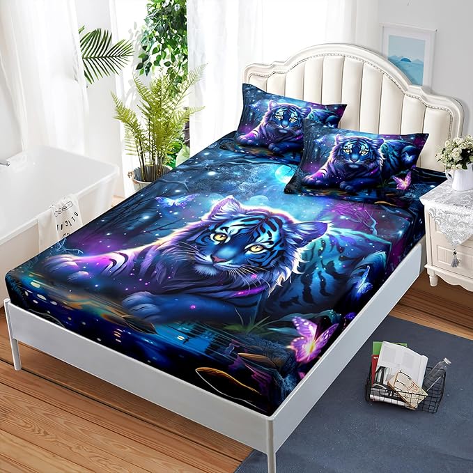 AILONEN Tiger Fitted Sheet Set Twin XL Size, Fairy Starry Forest Cute Tiger Sheet Wildlife Bed Sheet Set,3 Pieces Printed Fitted Sheet with 2 Pillowcases