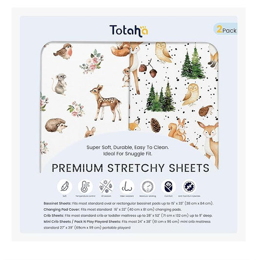 TotAha Crib Sheets for Boys Girls, Premium Soft Crib Mattress Fitted Sheet, Super Stretchy Jersey Knit Baby Sheets, Silky Comfort Baby Bed Sheets 28x52x9 Extra Deep Pocket, 2 Pack (Forest Animals)
