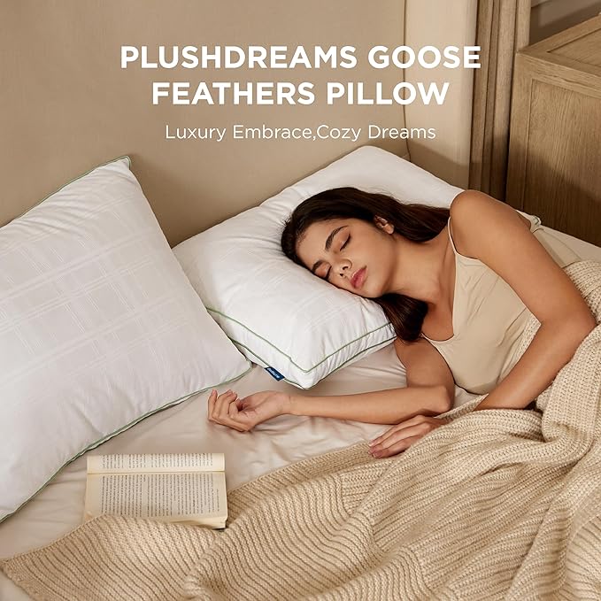 Bedsure Luxury Goose Feathers Down Pillow - 300 Thread Count Cotton Cover Gusseted Hotel Collection Bed Queen Pillow, Ultra-Soft High Elasticity Sorona Fiber Layer Pillows (2, Green, King)