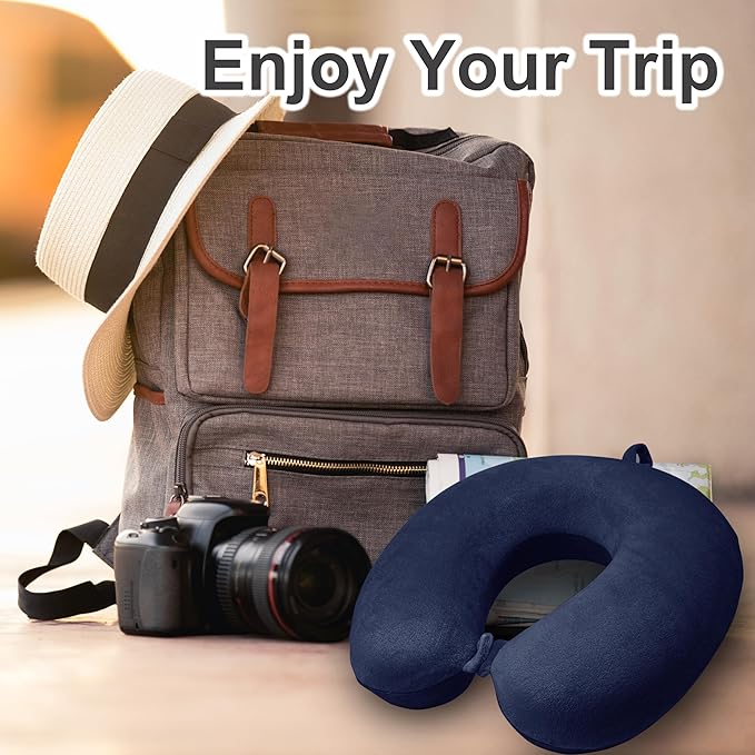 Neck Pillow for Airplane Travel, 100% Pure Memory Foam Travel Neck Pillow for Sleeping & Travel Essentials for Neck Rest, Dark Blue, Pack with Box