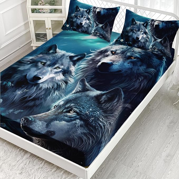 AILONEN Boys Wolf Fitted Sheet Set Full Size, 3 Pieces Wildlife Bed Sheet Set,Evening Moon Wolf Sheet Set for Boys Teen Men,Wolves Print Fitted Sheet with 2 Pillowcases