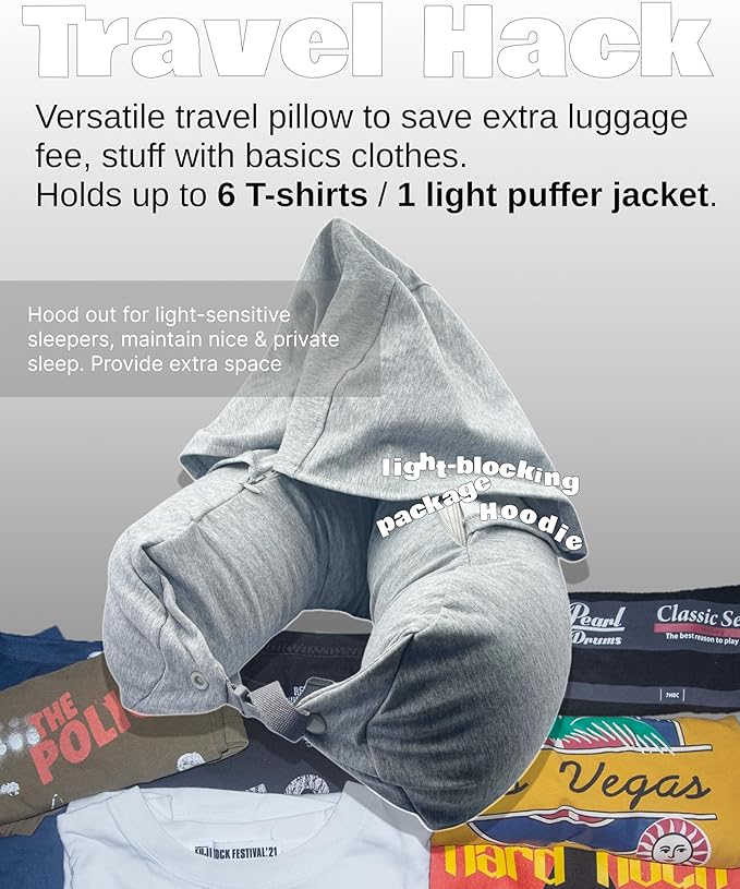 Stuffable Travel Pillow Holds Extra Cloth,Light Blocking 2-Way Hood, Collapsible Cotton Neck Pillow for Airplane Train and Long Trip Carry (Gray)