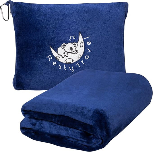 Resty Travel Blanket - Compact Airplane Blanket with Bag - Small and Lightweight Traveling Blanket & Pillow - Portable Blankets with Carabiner for Easy Transport - Plane Train Car (Navy Blue)