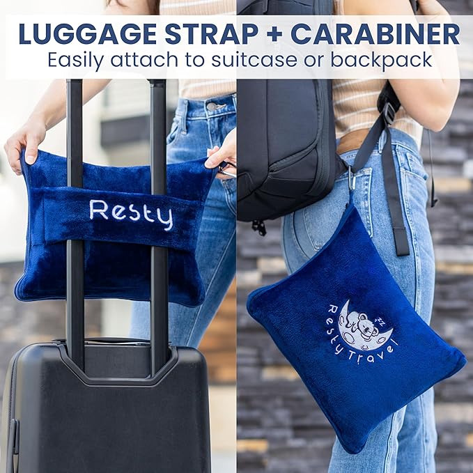 Resty Travel Blanket - Compact Airplane Blanket with Bag - Small and Lightweight Traveling Blanket & Pillow - Portable Blankets with Carabiner for Easy Transport - Plane Train Car (Navy Blue)
