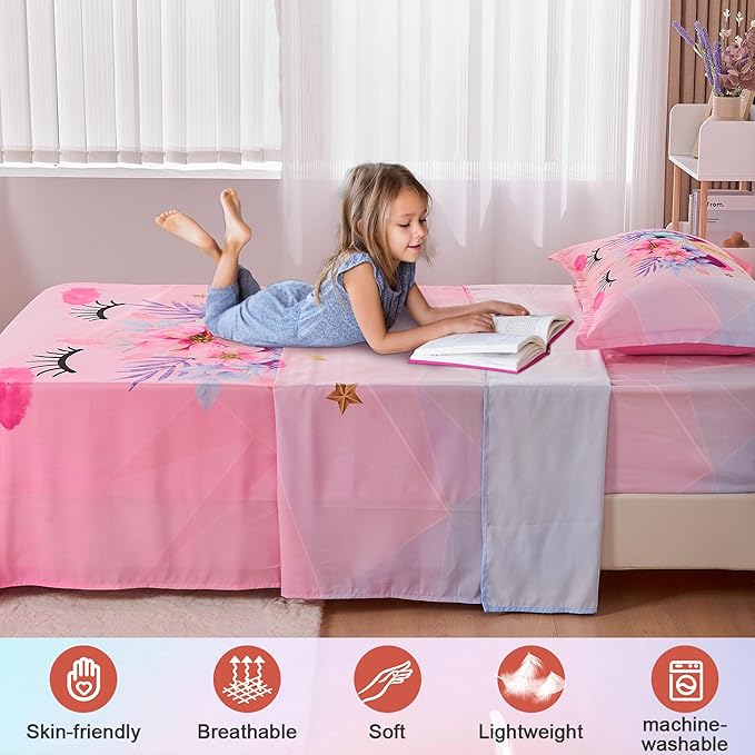 VIVILINEN Twin Size Bed Sheets Set for Kids Girls 3 Piece Pink Unicorn Kids Sheets Set Toddler Twin Bedding Set Include Flat Sheet, Deep Pocket Fitted Sheet and Pillowcase