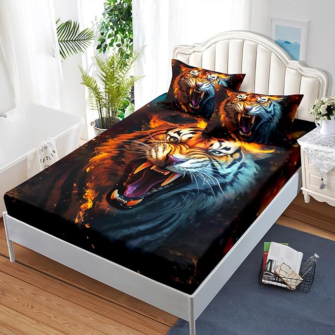 AILONEN Tiger Fitted Sheet Set Twin XL Size for Boys, Safari Tiger Bed Sheet Set for Kids Teen,3 Pieces Wildlife Bedding Flame Animal Tiger Print Fitted Sheet with 2 Pillowcases