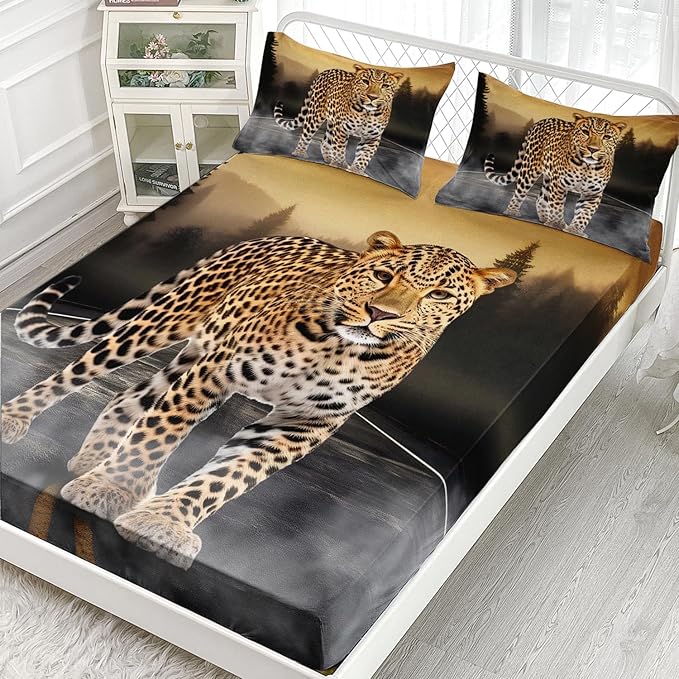AILONEN Leopard Fitted Sheet Set Full Size, 3D Cheetah Printed Bed Sheet Set,Wildlife Bedding Leopard Sheet Set,Wild Animal Leopard Bed Sheet Set Boys Fitted Sheet with 2 Pillowcases,3 Pieces
