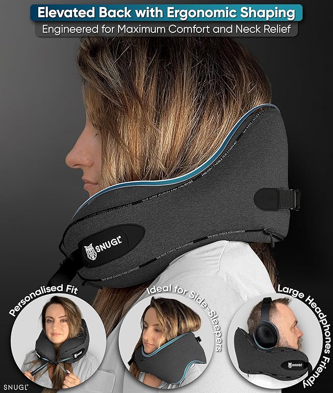 SNUGL Neck Travel Pillow - Memory Foam Airplane Pillow - Flight Pillow | Neck Support Travel Pillow with Carry Bag & Clip | Neck Pillows for Sleeping Travel Plane | Flying Travel Essentials, Dark Grey