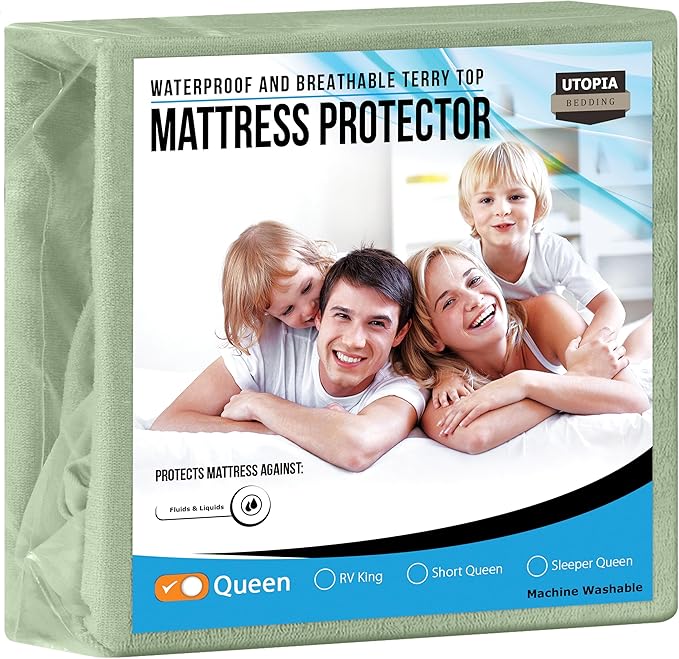 Utopia Bedding Waterproof Mattress Protector Queen Size, Premium Terry Mattress Cover 200 GSM, Breathable, Fitted Style with Stretchable Pockets (Sage)