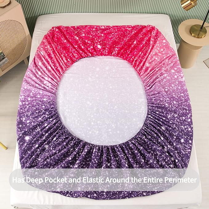 RYNGHIPY 3D Glitter Bed Sheet Set for Kids Teens Girls Women, Pink and Purple Rainbow Fitted Sheet & Pillowcase, Glitter Print Bedding Collections (Purple Pink,Full)