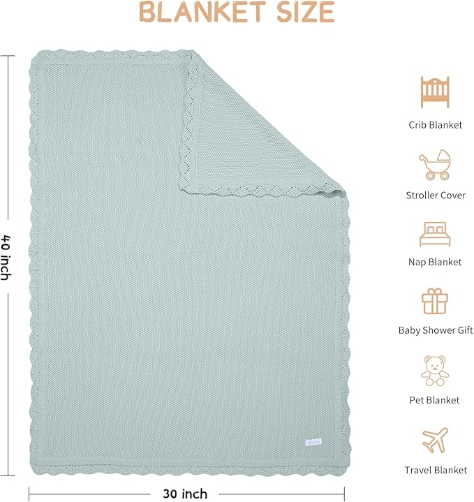 Cotton Baby Blankets 100% Knit Soft Warm Lace Toddler Newborn Nursery Receiving Blankets,30 X 40 Inches, Green