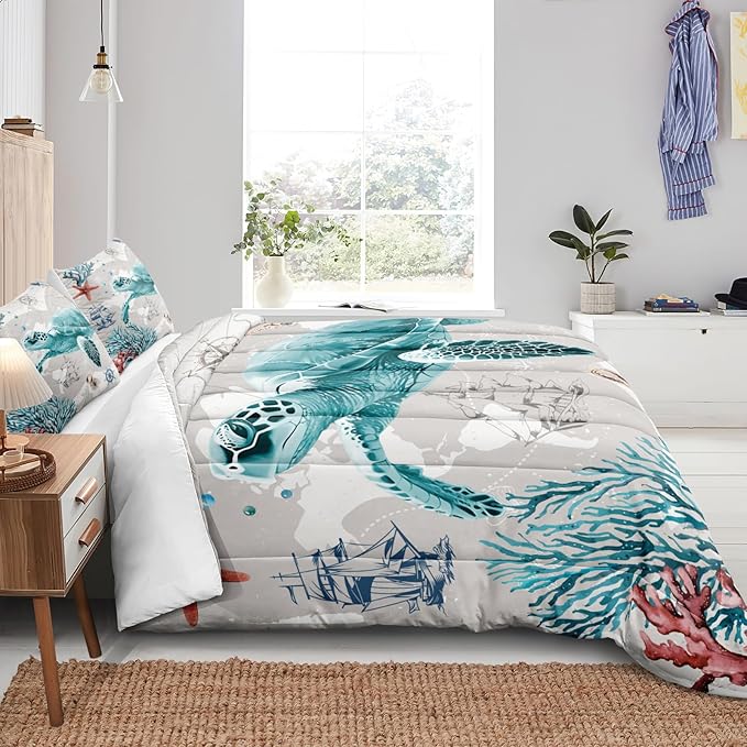Bedbay Coastal Bedding Set Sea Turtle Comforter Set Queen Size for Girls Boys Soft Lightweight Ocean Bedding Quilt Set Beach Room Decor 4 Pcs Retro Turtle Beach Theme Duvet Insert(Turtle,Queen)