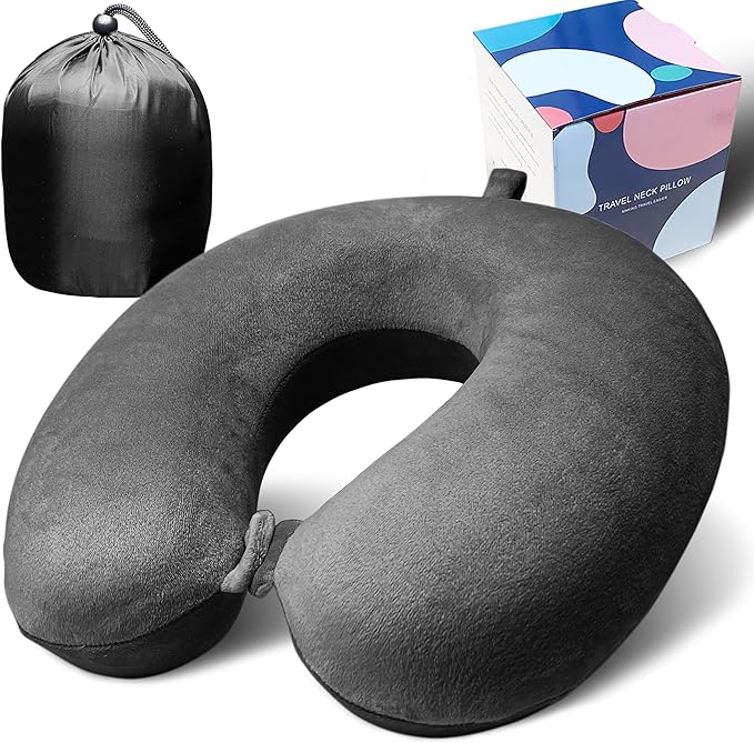 Neck Pillow for Airplane Travel, 100% Pure Memory Foam Travel Neck Pillow for Sleeping & Travel Essentials for Neck Rest, Deep Grey, Pack with Box