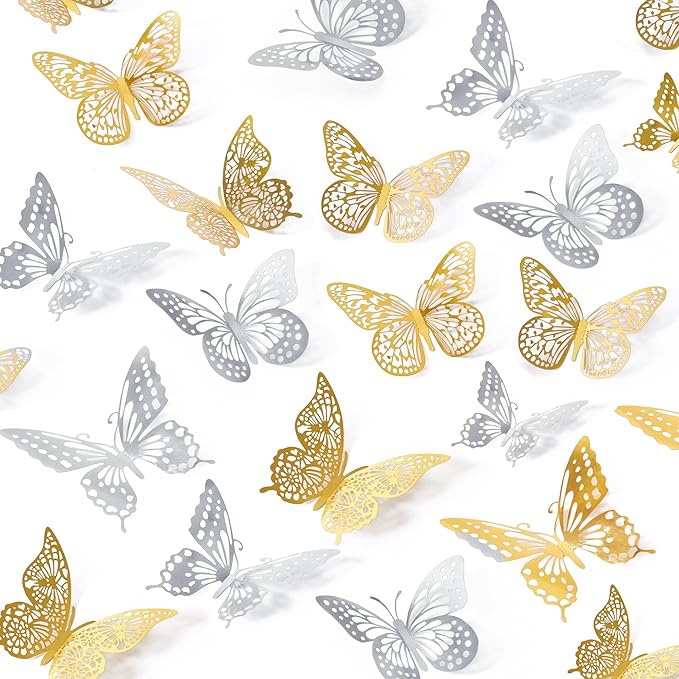 SAOROPEB 3D Butterfly Wall Decor 48 Pcs 4 Styles 3 Sizes, Butterfly Birthday Decorations Party Decorations Cake Decorations Wedding Decor, Removable Stickers (Gold, Silver)