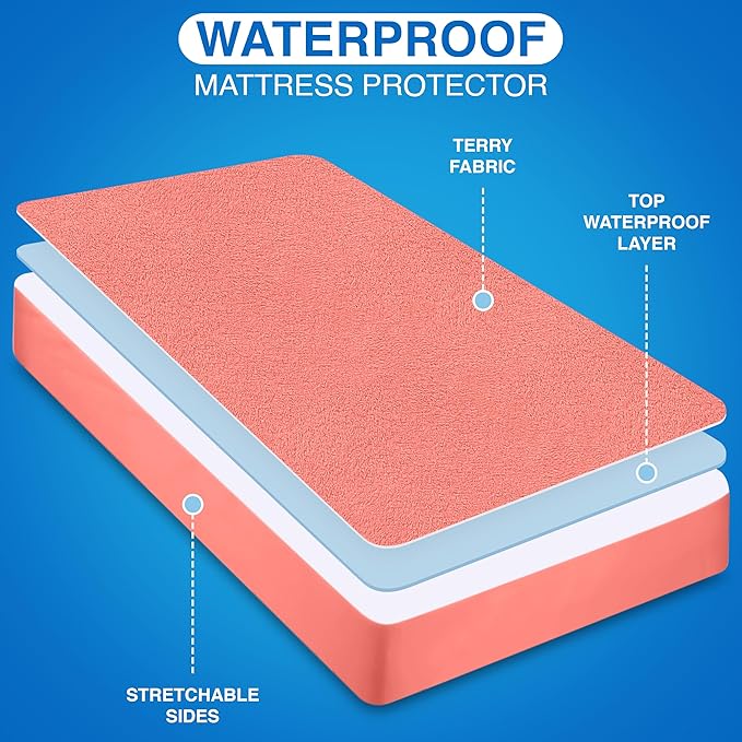 Utopia Bedding Waterproof Mattress Protector Twin Size, Premium Terry Mattress Cover 200 GSM, Breathable, Fitted Style with Stretchable Pockets (Coral)