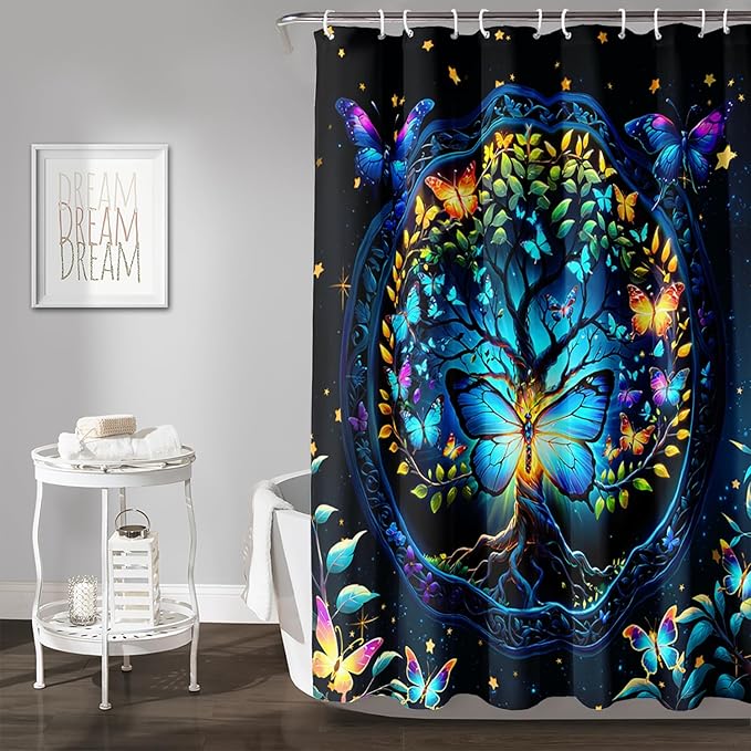 AILONEN Tree of Life Shower Curtain for Bathroom,Glowing Butterfly Starry Bath Curtain,Modern Tree Floral Print Curtain Decoration Waterproof with 12 Plastic Hooks for Boys Girls Adults 72" W*72" H