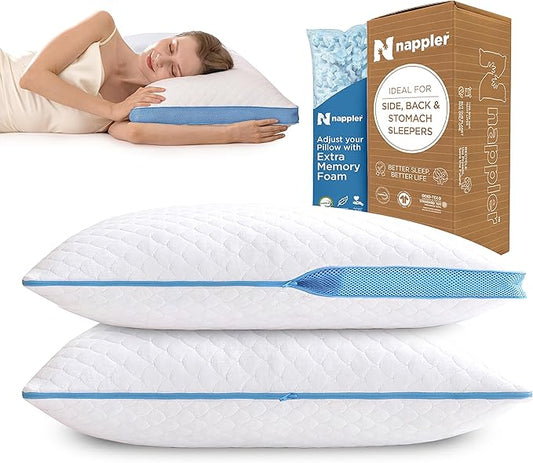 Side and Back Sleeper Pillow for Neck and Shoulder Pain Relief-Shredded Memory Foam Bed Pillow for Sleeping - 100% Adjustable Fill - Standard Size Set of 2 Washable Case. Extra Fill Included