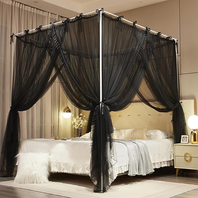 4 Corners Post Princess Curtain Bed Canopy Lace Up Double Layer 4 Opening Mosquito Net Mesh for Girls Bedroom Decoration(Black, 53" W*78" L*82" H/Full)