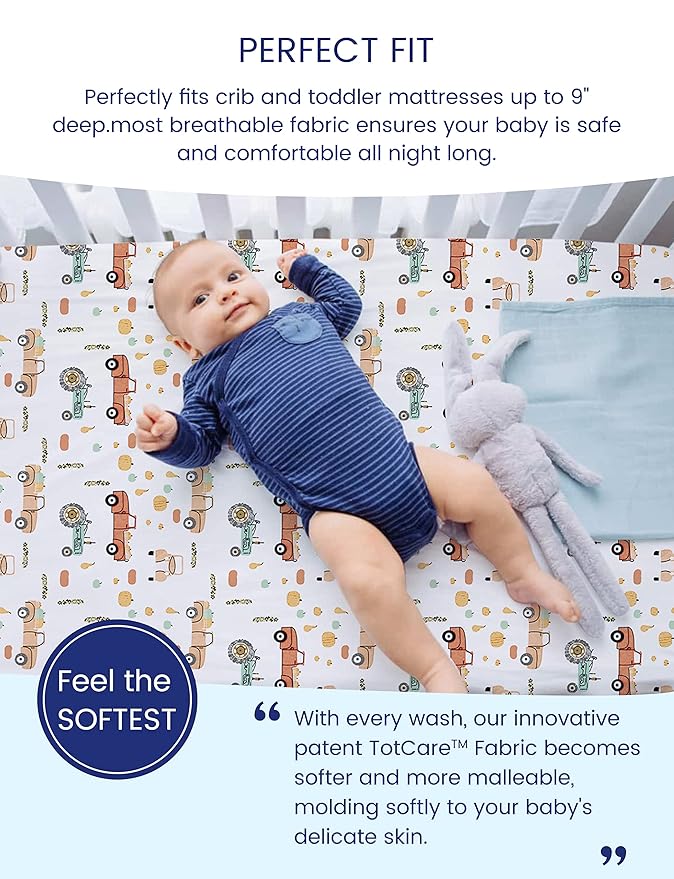 TotAha Crib Sheets for Boys, Premium Stretchy Farm Crib Sheet Fitted, Buttery Soft Truck Crib Mattress Sheets, Calming Effect, All-Season Jersey-Knit 28 X 52 X 9'' Extra Deep Pocket (Farm & Pumpkin)