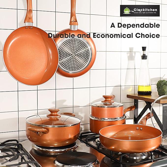 Clockitchen Non Stick Pots and Pan Set, 10pcs Cookware Set with Ceramic Coating, Non-toxic Pan Set Compatible with All Stoves, Dishwasher Safe, Copper