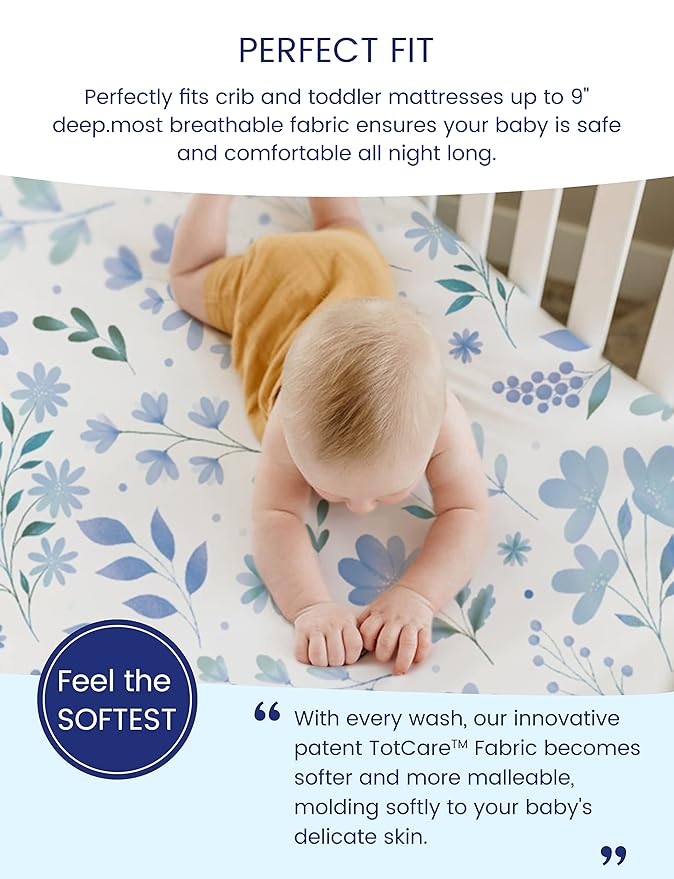 TotAha Premium Stretchy Crib Sheets (2-Pack)-Hypoallergenic, Silky Comfort, Buttery Soft, Calming Effect, All-Season Jersey-Knit Sheets, 28 X 52 X 9'' (Blue Flower & Small Floral)