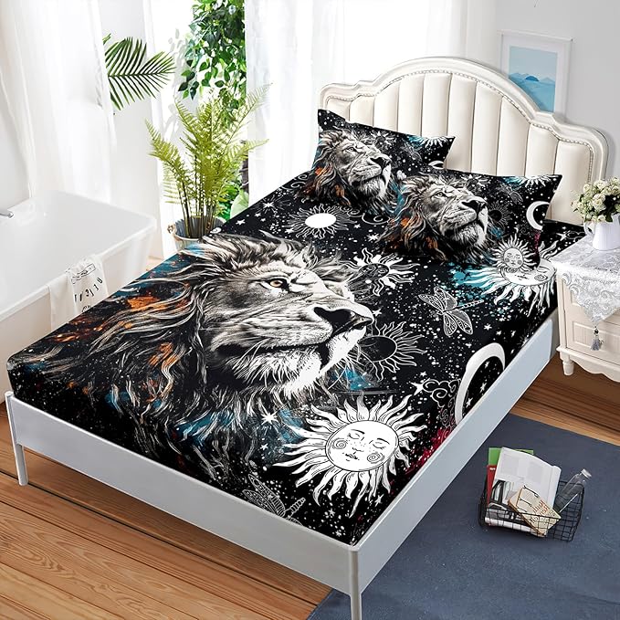 AILONEN Lion Print Twin Size Fitted Sheet Set for Boys, Sun and Moon Bed Sheet Cover Set Twin,3 Pieces Black and White Sheet Set Twin Galaxy Lion Fitted Sheet with 2 Pillowcases