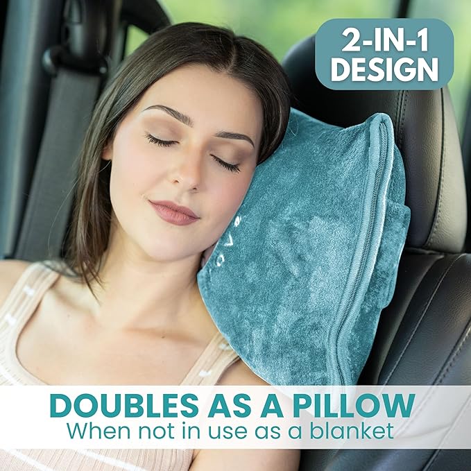 Resty Travel Blanket - Compact Airplane Blanket with Bag - Small and Lightweight Traveling Blanket & Pillow - Portable Blankets with Carabiner for Easy Transport - Plane Train Car (Baby Blue)