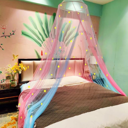 Eimilaly Two-Tone Bed Canopy Glow in The Dark Pink Blue, Mosquito Net Bed Canopy for Girls Room Decor, Single Door