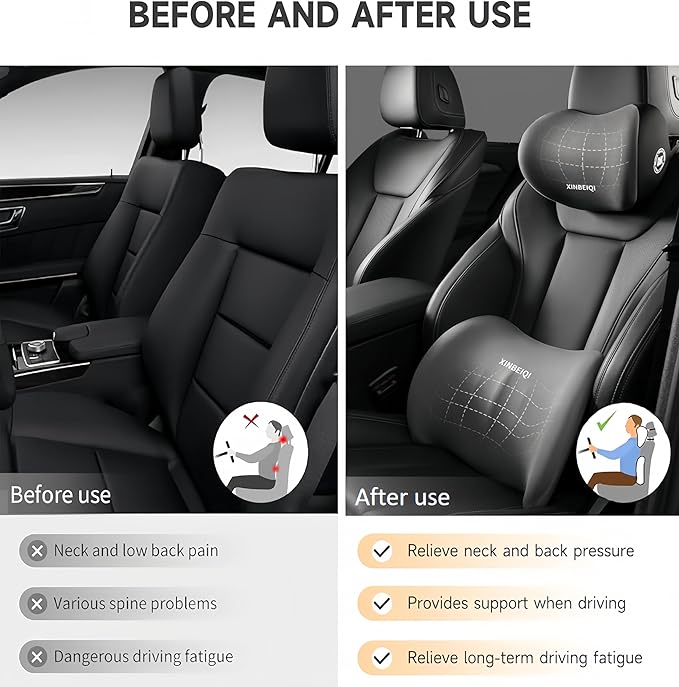 Car Seat Back Support and Car Neck Pillow Kit, Ergonomic Design headrest Lumbar Support for Neck Back Pain Relief Improve Sitting Posture (Black)