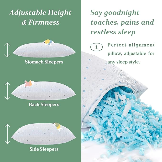 Queen Pillows Set of 1 with Cooling & Soft Cover Shredded Memory Foam Pillows Adjustable Loft & Firmness Bed Pillow for Sleeping for Side Back Stomach Sleeper Cooling Pillow Hypoallergenic