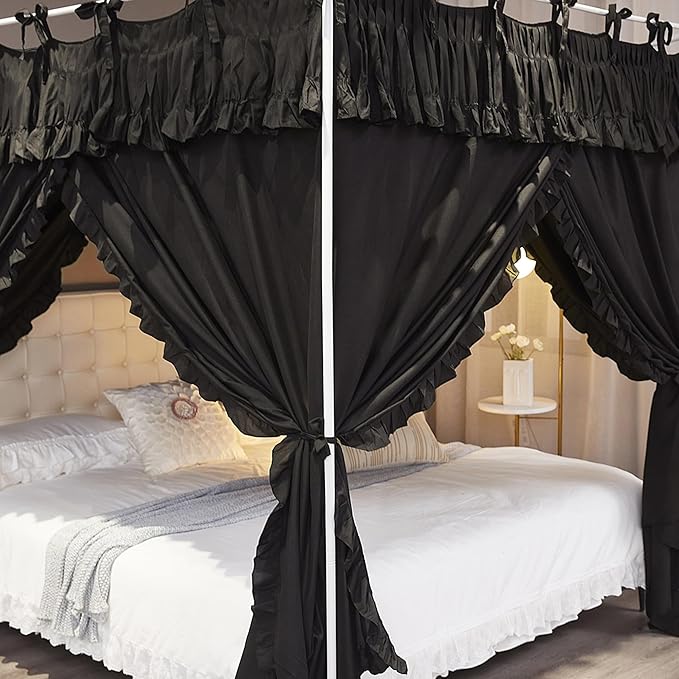 Ruffle Lace up 4 Corners Post Princess Curtain Bed Canopy Cozy Breathable Mosquito Net Cloth for Girls Adults Bedroom Decoration (Black, 64" W*82" L*82" H/Queen)