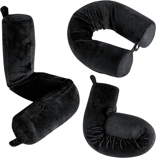 Dot&Dot Twist Memory Foam Travel Pillow for Airplanes - Travel Neck Pillow for Sleeping - Airplane Pillow for Neck Support, Chin, Lumbar and Leg - Adjustable, Bendable Neck Roll Pillow (Velvet Black)