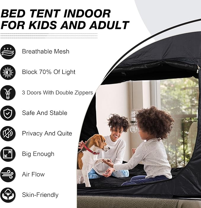 Rengue King Size 80 * 78 * 47 Bed Tent Bed Canopy Tents for Adult and Kids Portable Dream Tent Indoor Sleeping Tents 70% Blackout Light with 3 Doors Breathable Big Space Privacy Space Bed Tent Bunk
