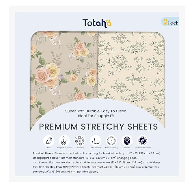 TotAha Premium Soft Pack n Play Sheets, Super Stretchy Jersey Knit Mini Crib Sheets Fitted, Silky Comfort Pack and Play Mattress Sheets, 2 Pack (Vintage Rose & Brunch)