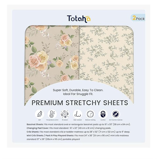 TotAha Premium Soft Pack n Play Sheets, Super Stretchy Jersey Knit Mini Crib Sheets Fitted, Silky Comfort Pack and Play Mattress Sheets, 2 Pack (Vintage Rose & Brunch)