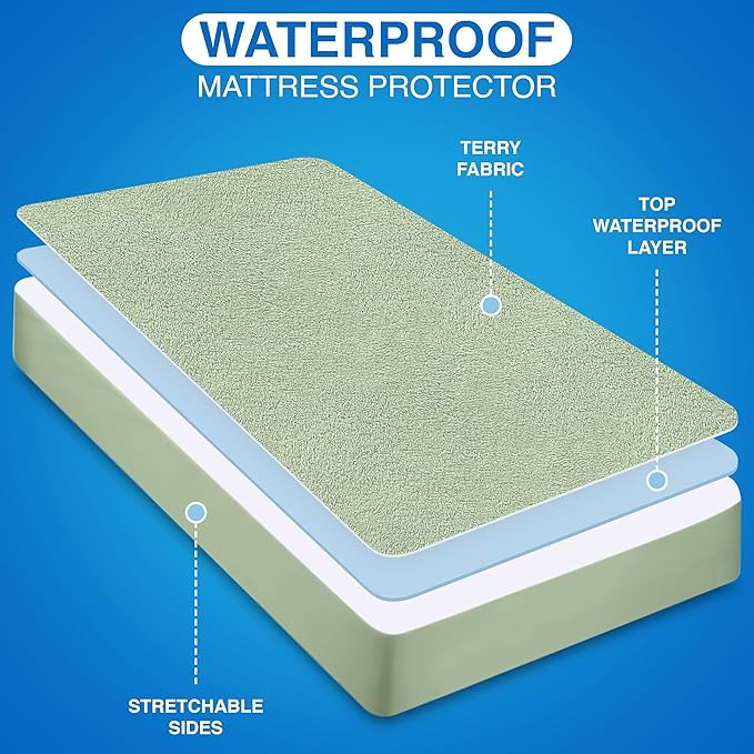 Utopia Bedding Waterproof Mattress Protector Twin Size, Premium Terry Mattress Cover 200 GSM, Breathable, Fitted Style with Stretchable Pockets (Sage)