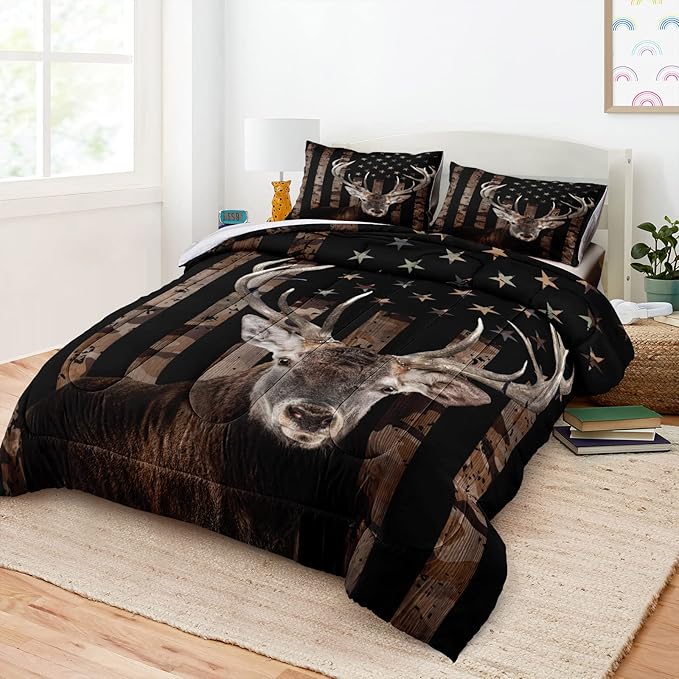 Bedbay American Flag Bedding Set California King Comforter Bed Set Deer Hunting Hunter Bedroom Decor for Men Wild Animal Camo Duvet Insert 4 Pcs Soft Lightweight Comforter Quilt Set (Deer,Cal-King)